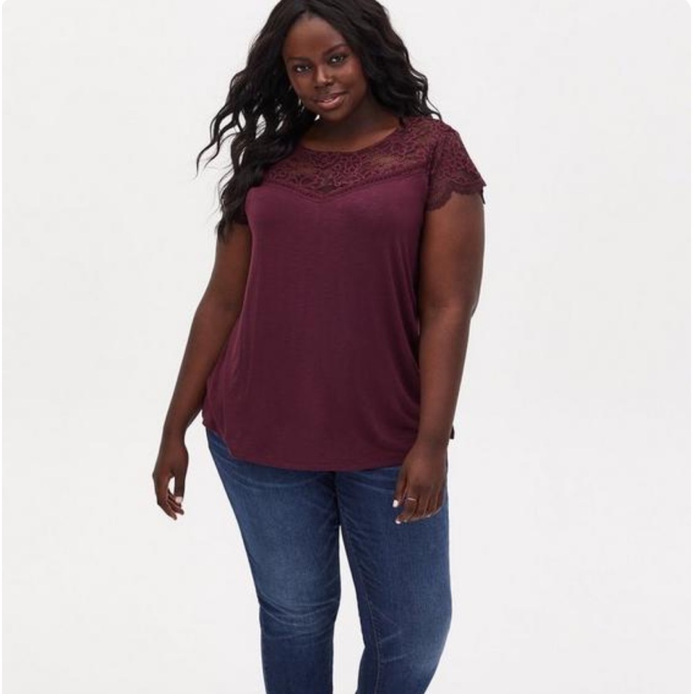 Torrid Super Soft Crew Neck Lace Inset Top Burgundy Wine Size 3
